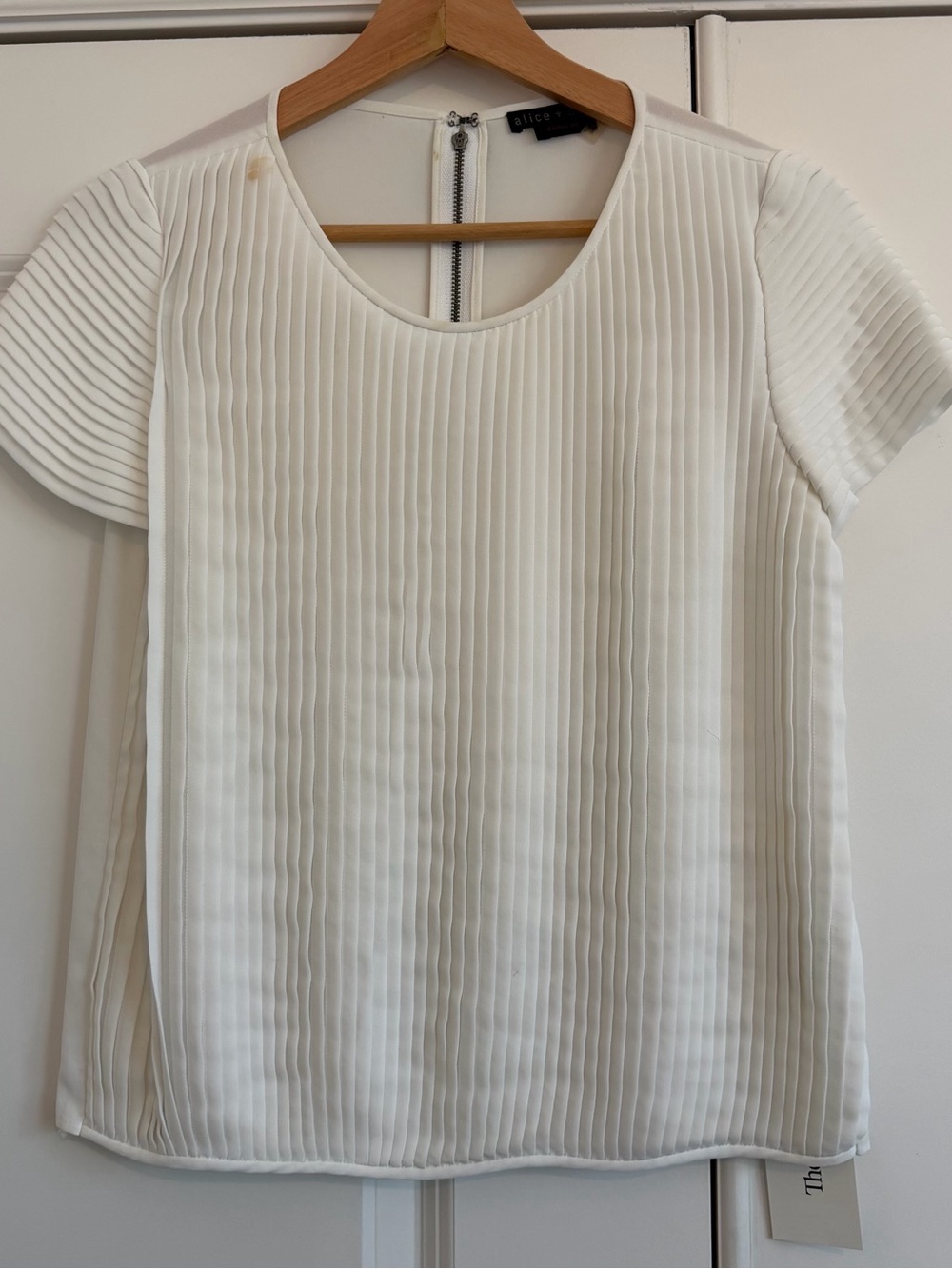 Alice + Olivia Ivory Vertical-Pleat Short Sleeve Blouse